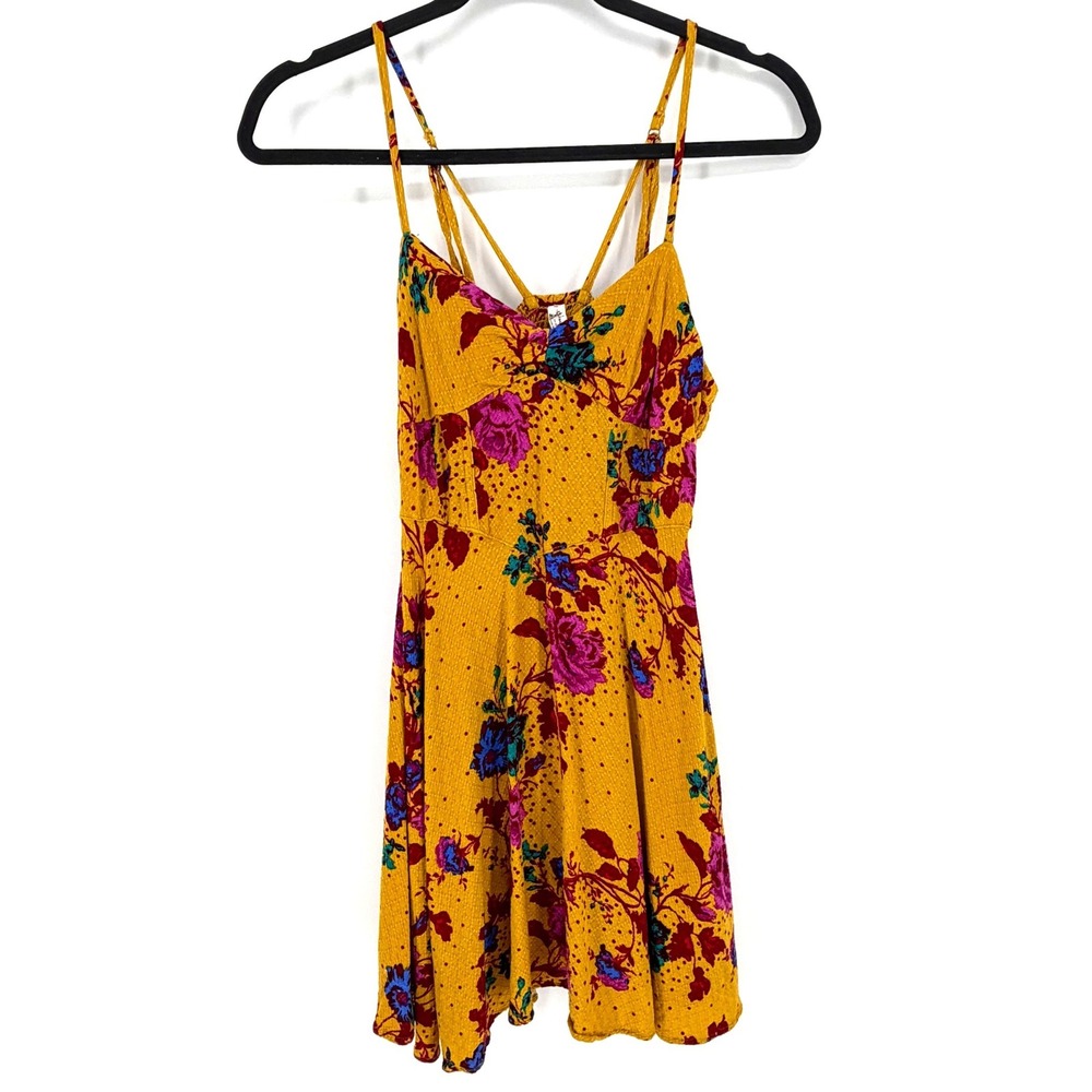 Free People Mini Dress Floral Boho XS Yellow Strappy Sun Dress Festival Summer
